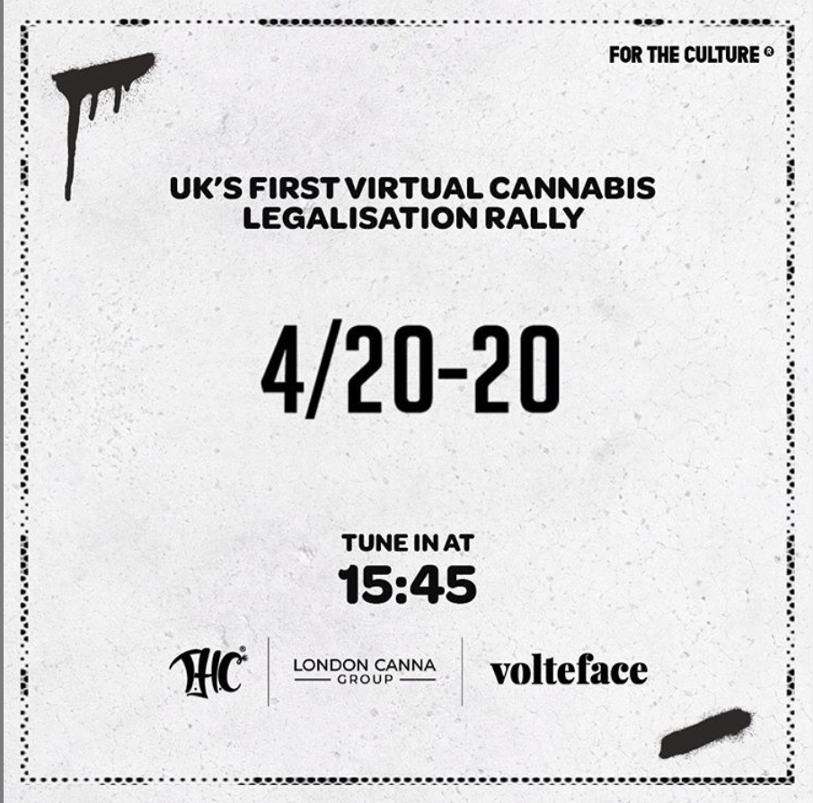 A poster by London Canna Group to mark the UK's 2020 celebration of 4/20 online. 