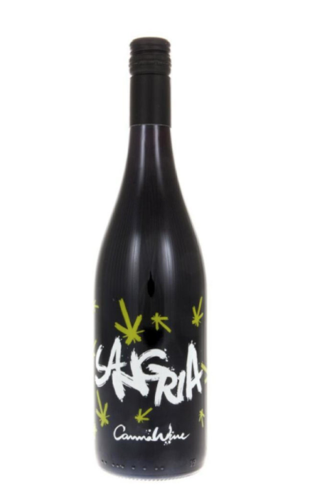 A black bottle of CBD sangria on a white background