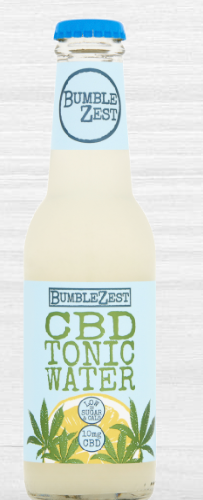 A blue and light yellow bottle of CBD tonic water from BUmble zest