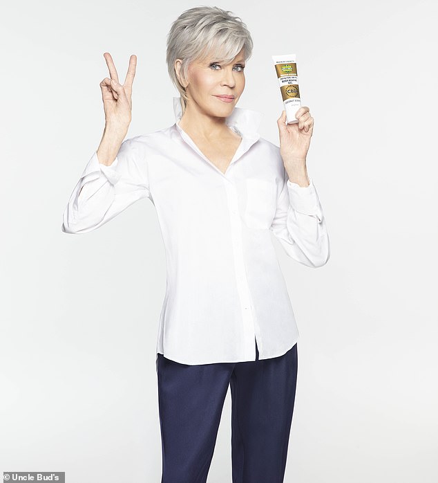 Jane Fonda advertising Uncle Bud's hemp products