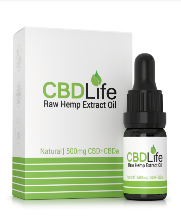 A bottle of CBD Life oil next to a box