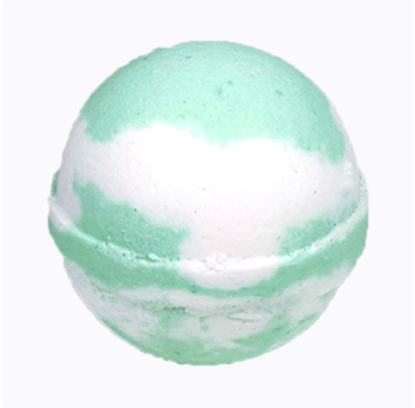 A mint green and white swirly bath bomb from Pure Kana CBD