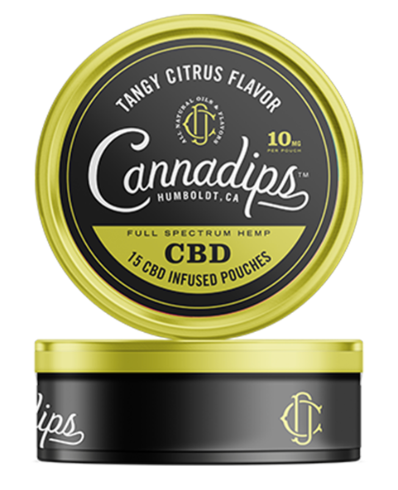 A yellow tin of Cannadips CBD pouch balanced on another tin