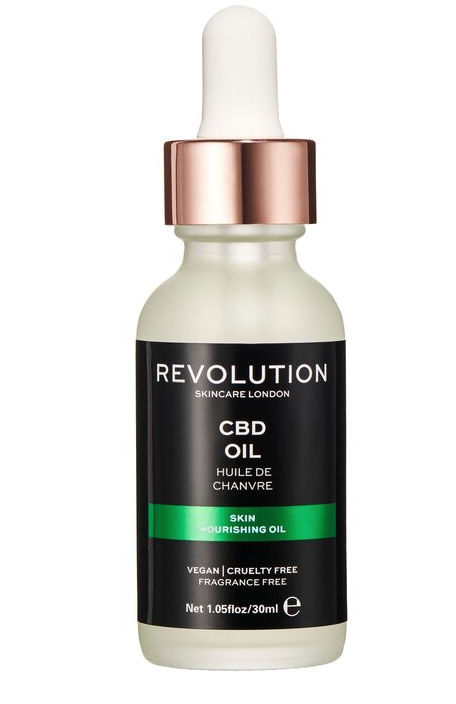 A pearlised bottle of CBD skincare oil with a white stopper. A black label is wrapped around the middle 