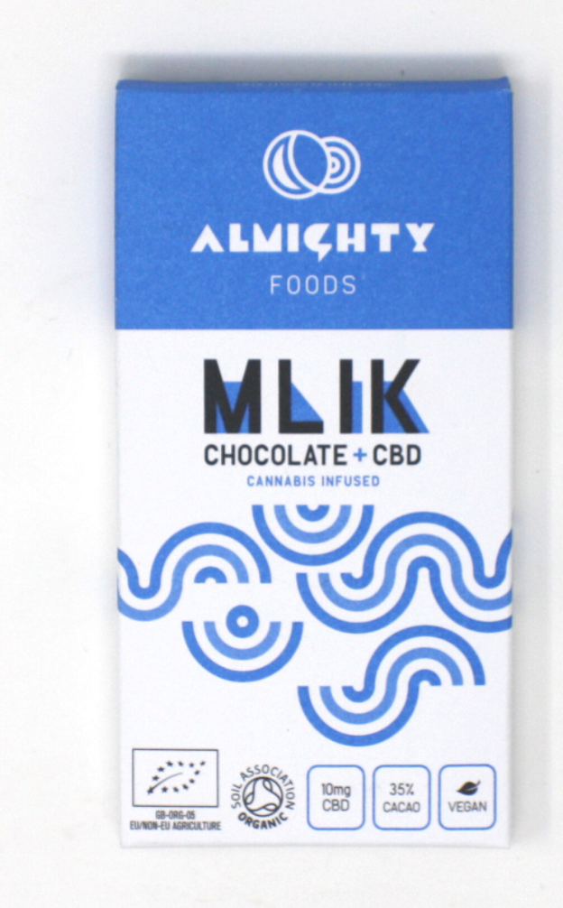 A bar of milk chocolate in a blue and white paper packaging. MILK is written on the front in black lettering