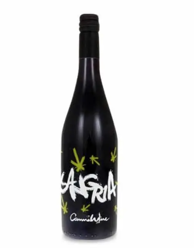 A black bottle of sangria from cannawine with sangria written in white across the bottle and green leaves