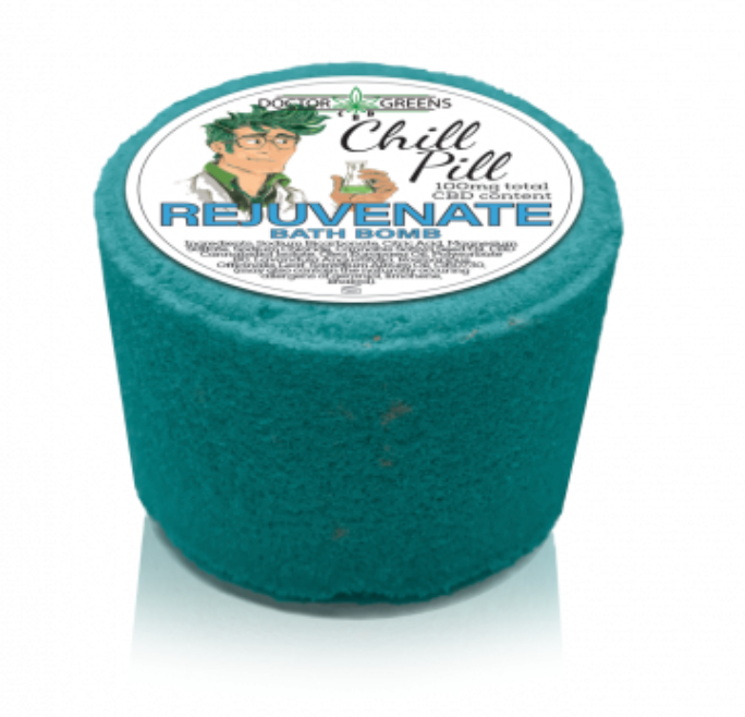 A turquoise bath bomb from Dr Green's CBD bath bomb range. It has rejuvenate written across it.