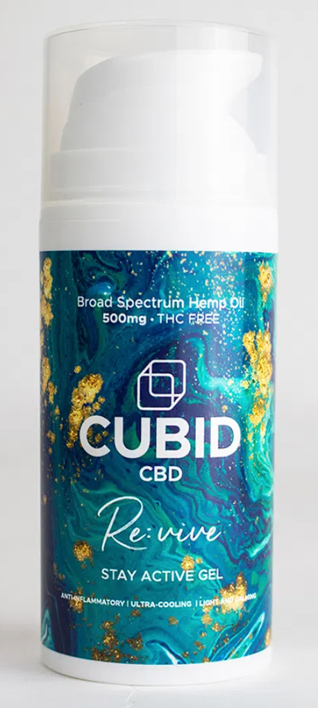 A white bottle of CBD sports lotion with a blue label with CUBID CBD written across it