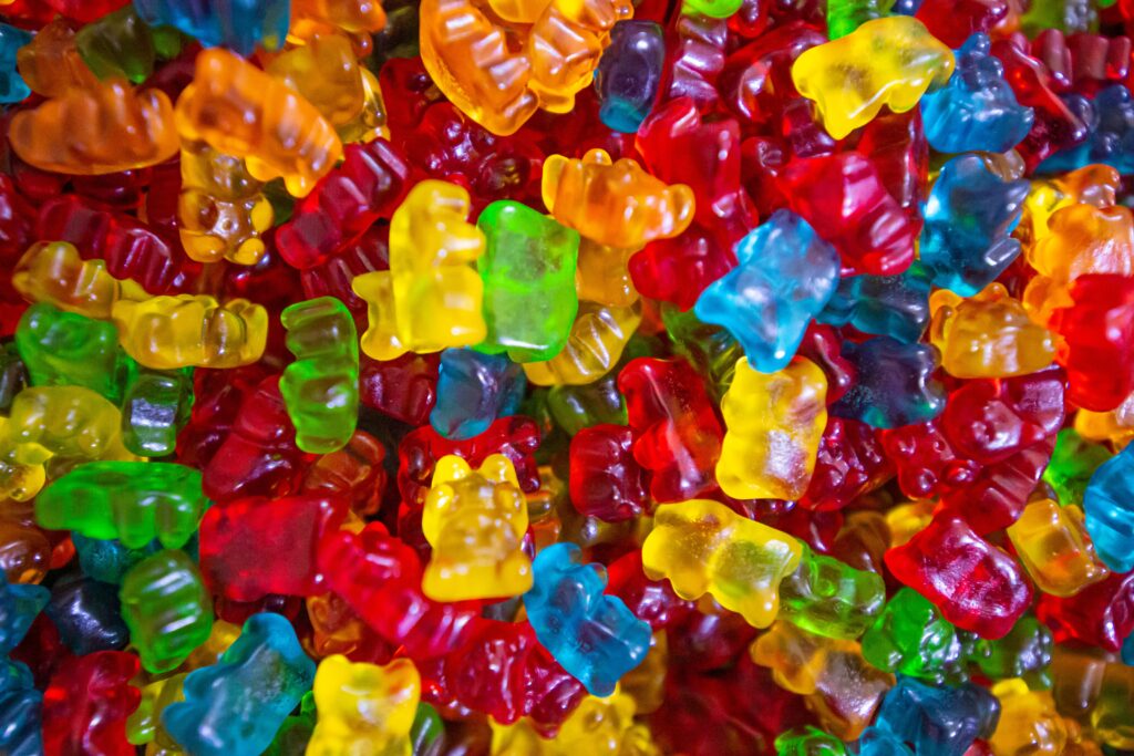 A multicoloured pile of bright gummy bear edibles
