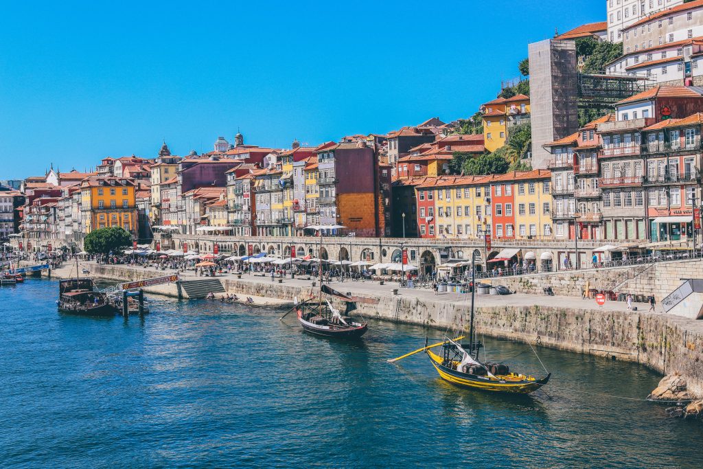 A seaside shot of the buildings along the coast lines of Porto in Portugal.