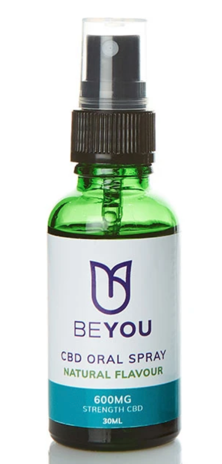 A green srpay bottle of CBD oil from Beyou CBD. It has a white label with a blue bottom on it.