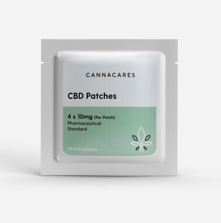 A white packet of CBD patches