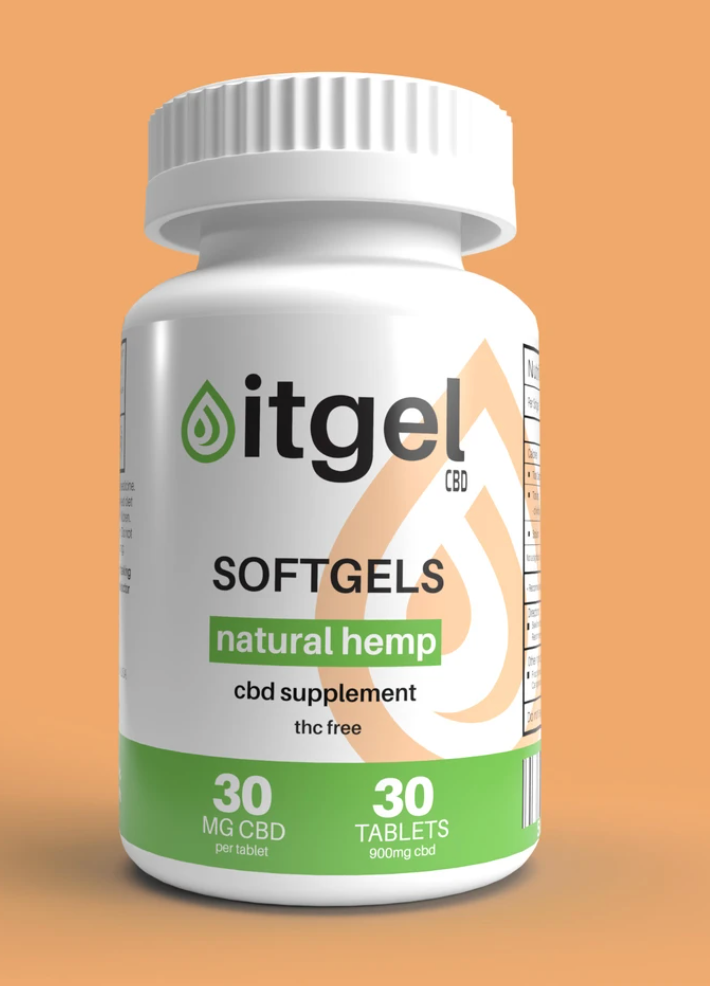 A white bottle of CBD itgel capsules with a green label against an orange background.