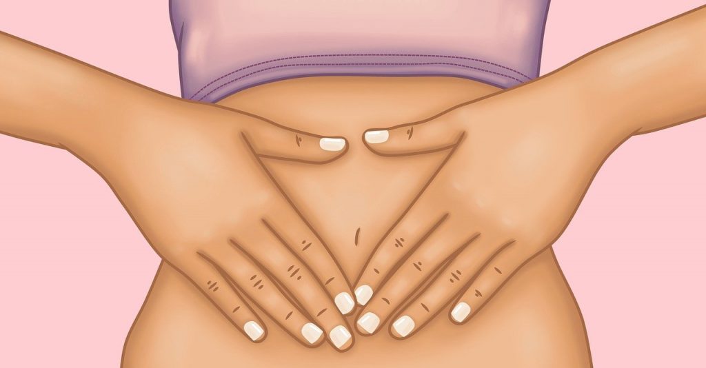 A cartoon of a woman suffering from endometriosis pain. Her hands are over her stomach and she wears a purple top on a pink background