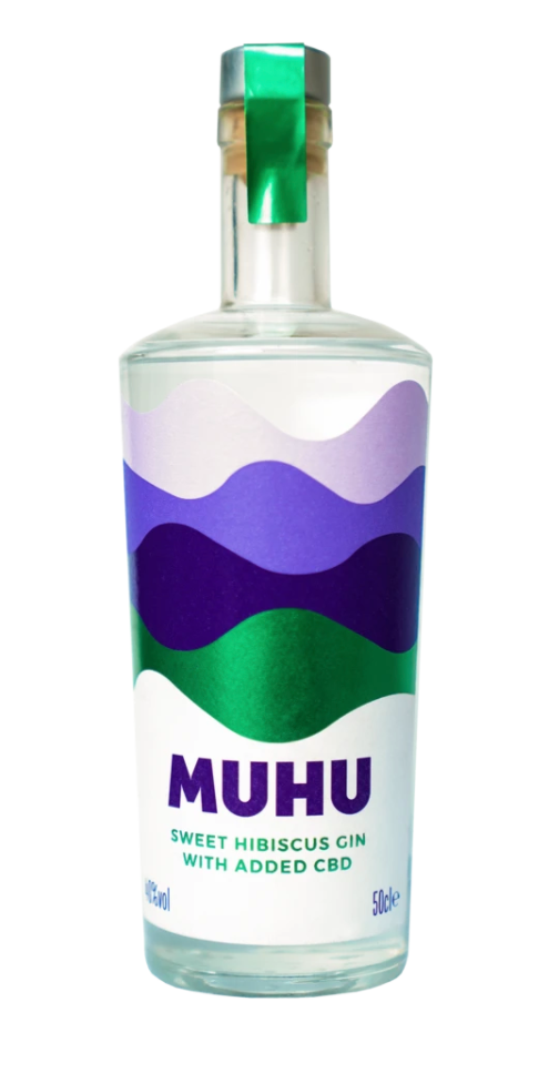 A bottle of CBD gin from MUHU with a purple and green label