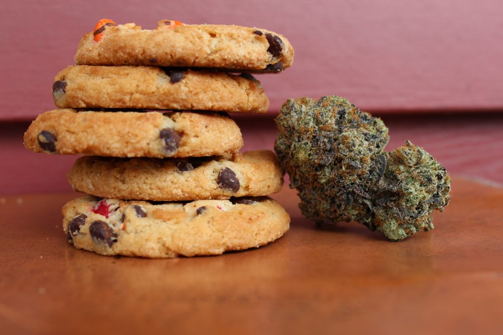 A stack of chocolate chip cookies on a wooden counter with CBD buds beside them.